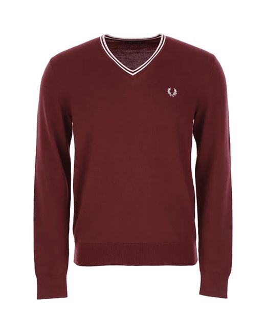 Fred Perry Red Authentic Classic V-neck Jumper Burgundy, White & Ice