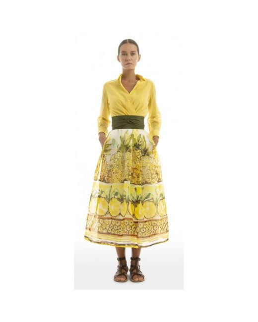 Sara Roka Yellow Gelbe Seide Organza Ananas gedruckt Jemma 90 Kleid