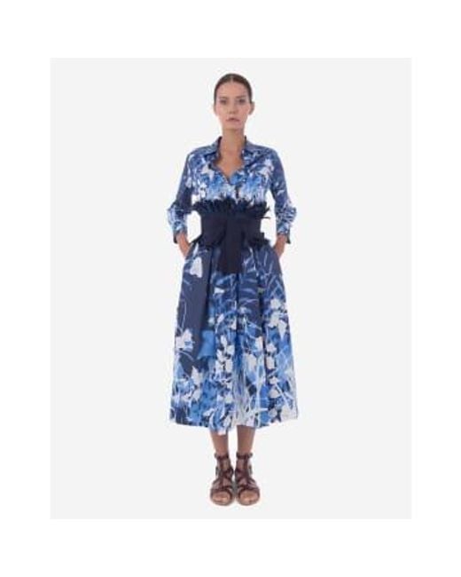 Sara Roka Blue Elenat abstraktes florales midi -kleid mit gürtel col: 190 blau/wh