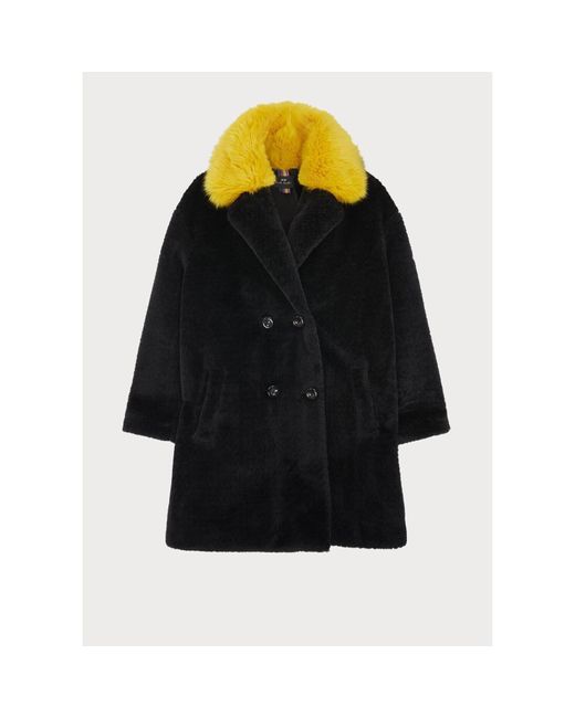 Paul Smith Black Textured Faux Fur Coat With Yellow Collar