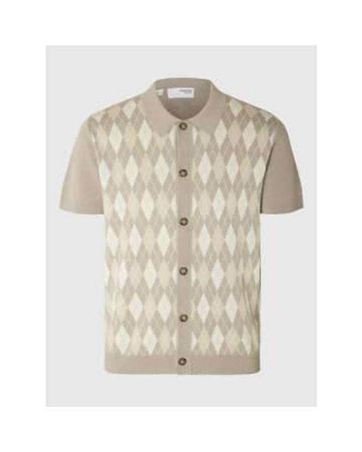SELECTED Natural Argyle Knitted Cardigan Polo for men