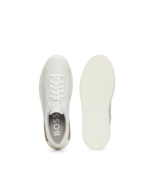 BOSS by Hugo Boss White Clint Leather Cupsole Trainers With Logos And Signature Stripe for men