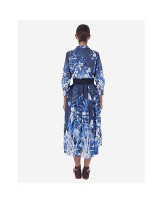 Sara Roka Blue Elenat abstraktes florales midi -kleid mit gürtel col: 190 blau/wh