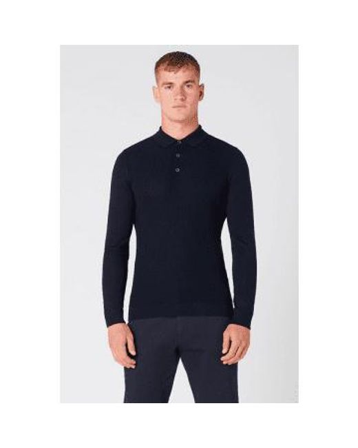 Remus Uomo Blue Navy Merino Wool Blend Long Sleeve Knitted Polo Shirt Extra Large for men