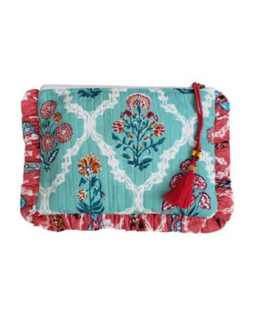 Powell Craft Blue Block Printed Turquoise & Pink Floral Quilted Make Up Bag Cotton