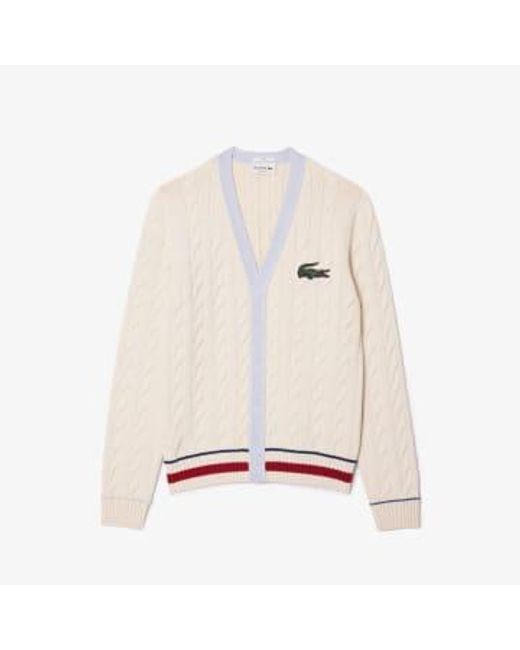 Lacoste White And Light Blue Organic Cotton Cable Knitted Unisex Jacket With V Neck Xxs for men