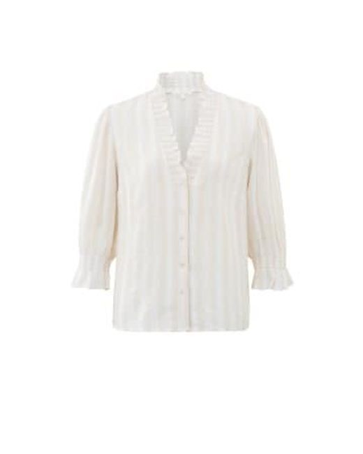 Yaya White Striped Blouse With V-neck, Half Long Sleeves And Ruffles Gray Morn Beige Dessin 34 Grey