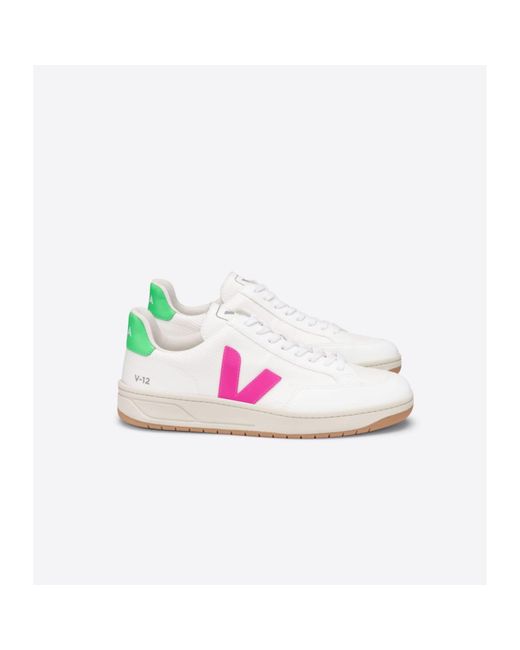 Veja V-12 B-mesh Sneaker White, Pink & Fluo Green for men