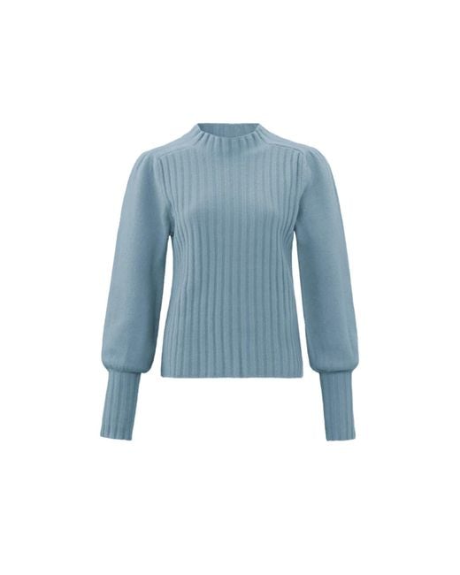 Yaya Ribbed Sweater With High Neck & Long Puff Sleeves -beauty Blue
