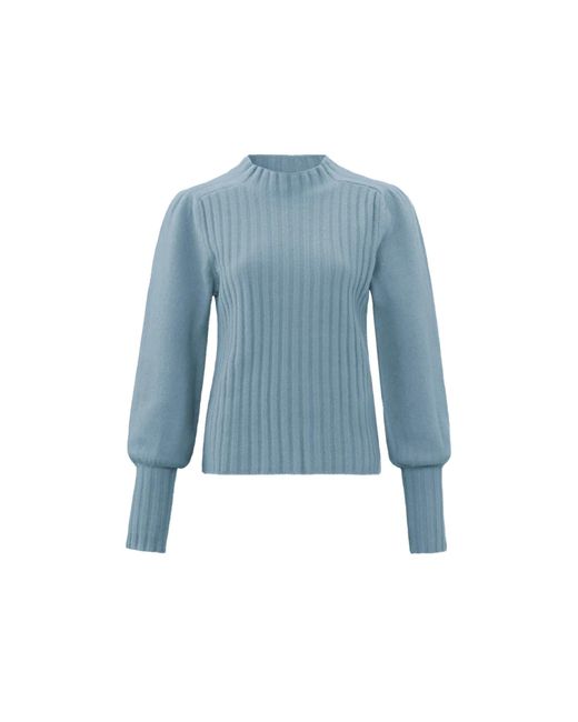 Yaya Ribbed Sweater With High Neck & Long Puff Sleeves -beauty Blue