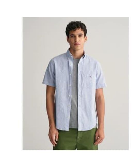 Gant Blue Regular Fit Striped Seersucker Short Sleeve Shirt for men
