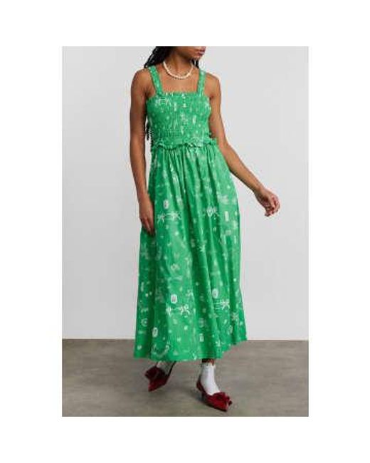 Damson Madder Green Keira Shirred Midi Dress / Xs