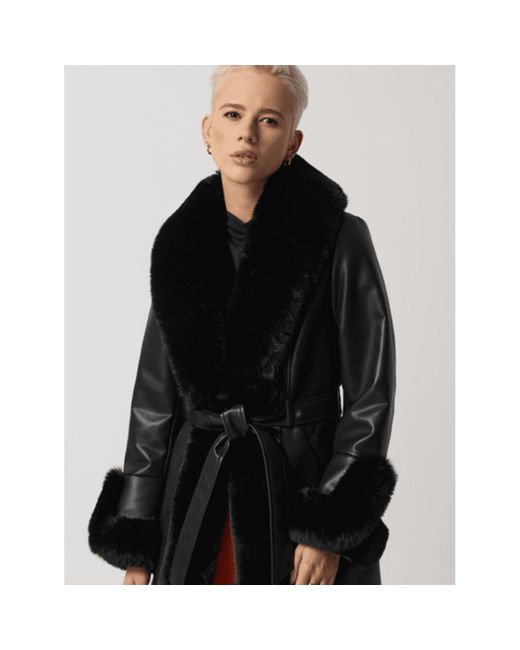 Joseph Ribkoff Black Leatherette Coat With Faux Fur 233927 Col 11