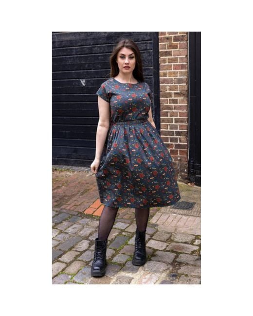 Run and Fly Blue Run & Fly Retro Tattoo Stretch Belted Tea Dress With Pockets