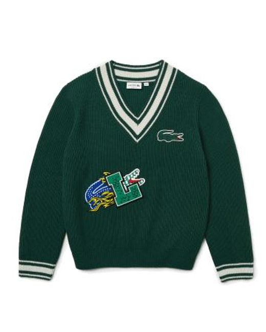 Lacoste Green Holiday Striped V-neck Sweater Comic Book Effect Badge Xs for men