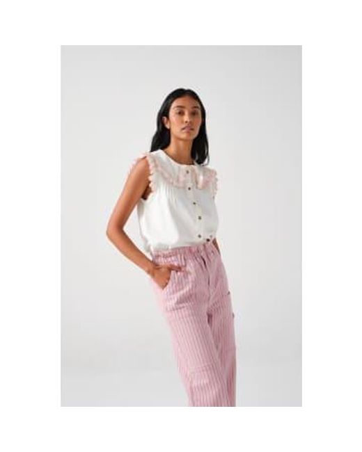 Seventy Mochi Ecru And Dusty Denim Embroidered Short Sleeve Phoebe Womens Blouse di seventy + mochi in Pink