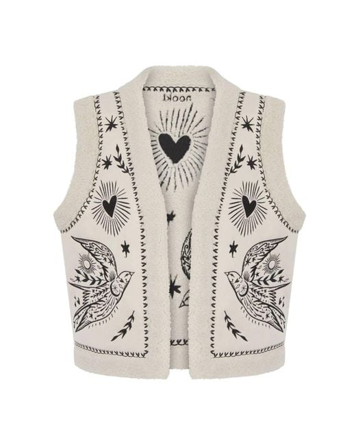 Nooki Design Natural Free Bird Embroidered Faux Shearling Gilet Cream