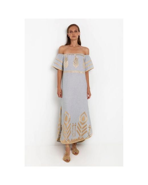 Greek Archaic Kori Multicolor Off The Shoulder Dress Feathers Light Grey And Pink 230689