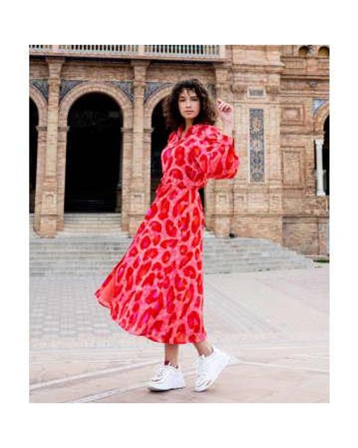 EsQualo Red Long Dress Fancy Leopard Print 36
