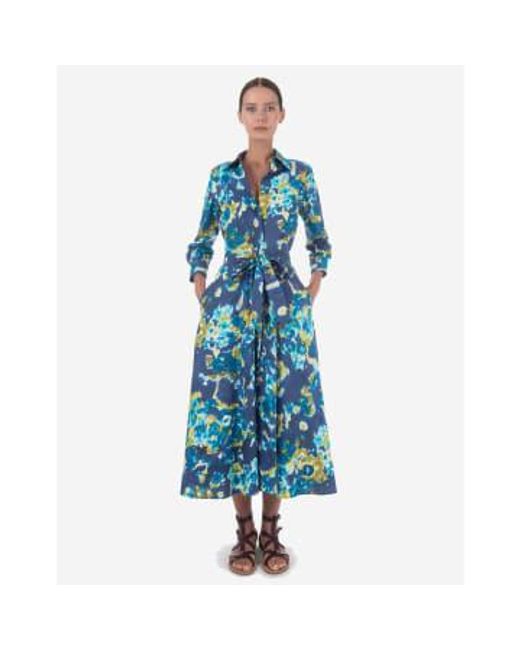 Sara Roka Blue Davida Abstract Print Midi Dress With Belt Col: 501 , Si 14