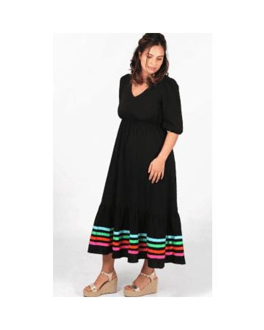 V Neck Puff Sleeve Tiered Ribbon Stripe Cotton Maxi Dress In di MSH in Black