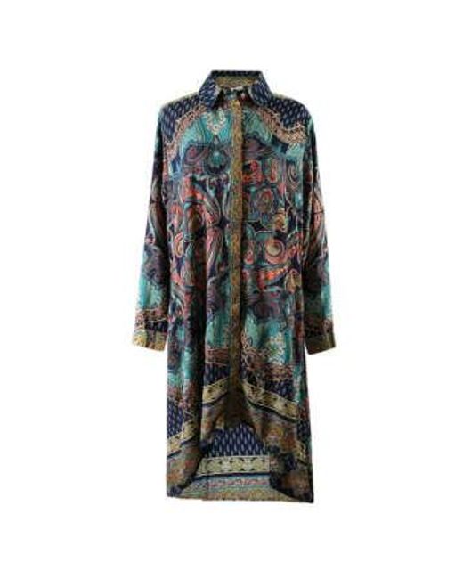 Powell Craft Green 'aya' Buttoned Navy & Turquoise Paisley Shirt Dress One Size