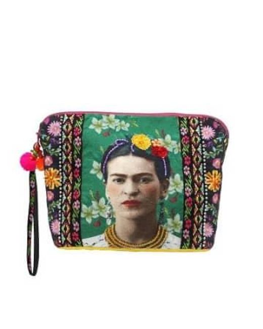 House of Disaster Green Frida Kahlo Embellished Make Up Bag Cotton /black/pink