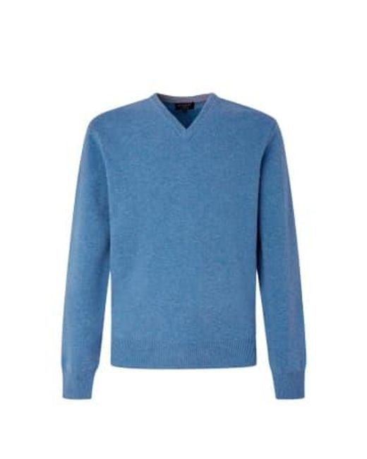 Hackett Blue Lambswool V Neck M Steel for men