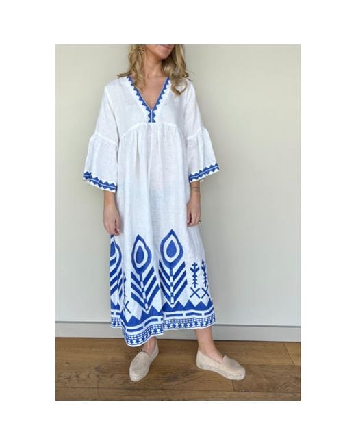 Greek Archaic Kori Bell Sleeve Long Chevron Dress White/blue