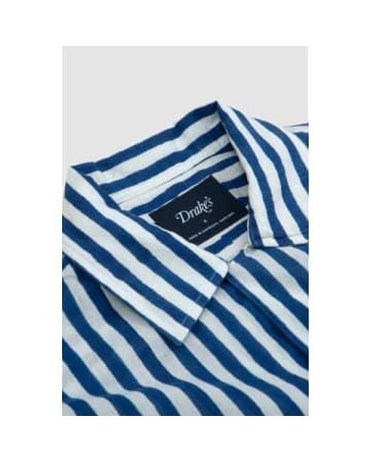 Drakes Ss Block Print Camp Collar Shirt Stripe di Drake's in Blue da Uomo