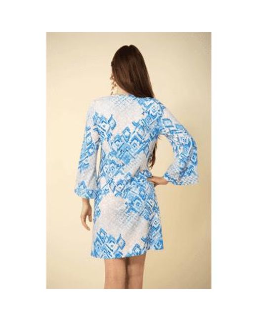 Geometric Print V Neck Crop Sleeve Dress Size S Col Bl di Hale Bob in Blue