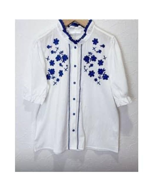 Every Thing We Wear Blue Kilky Cotton Short Sleeve Blouse Embroidery Detail S