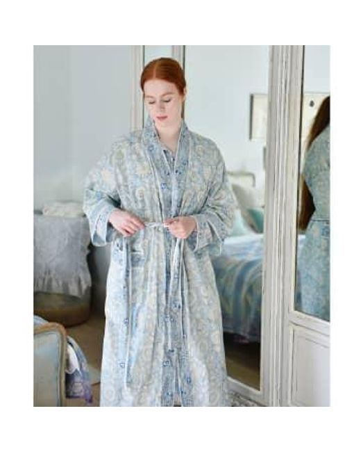 Powell Craft Blue Block Printed Cornflower Cotton Dressing Gown One Size
