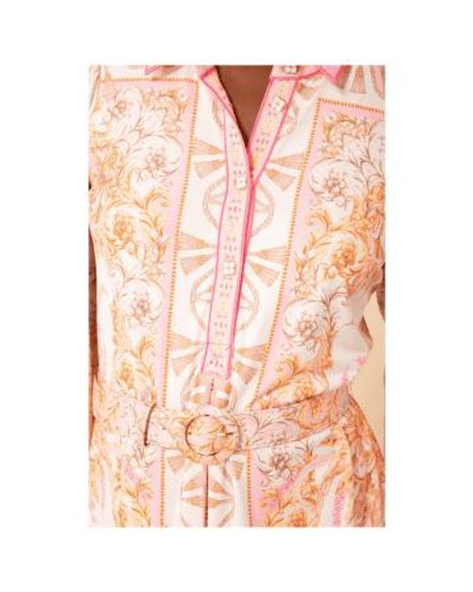 Hale Bob Pink Multi Pattern Belted Waist Button Up Short Dress Col: Cream Mu L