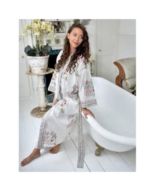 Powell Craft Gray Block Printed Floral Bird Cotton Dressing Gown One Size