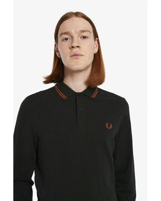 Fred Perry Black Authentic Long Sleeved Twin Tipped Polo Night & Marbled Walnut