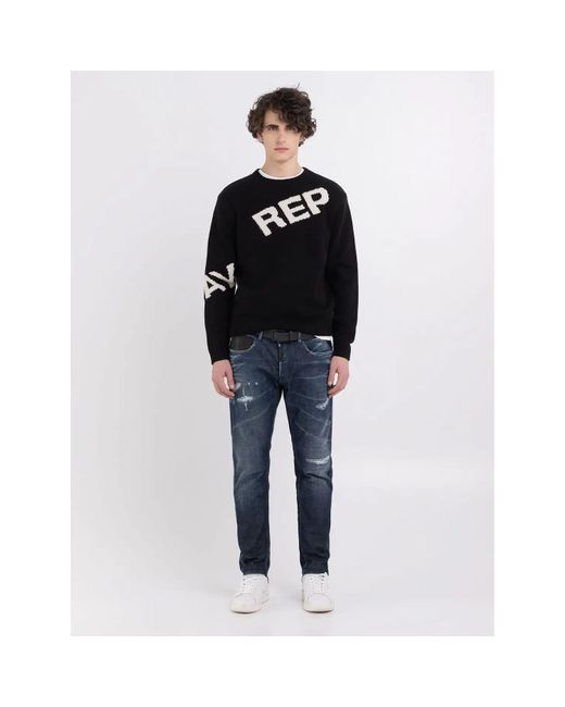 Replay Blue Wool Blend Sweater With Jacquard Logo for men