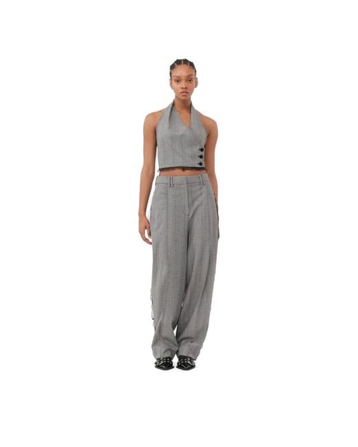 Ganni Herringbone Suiting Relaxed Pleated Trousers in Gray
