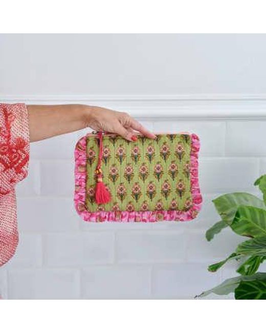 Powell Craft Green Block Printed & Pink Floral Quilted Make Up Bag Cotton