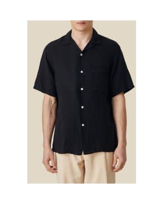 Portuguese Flannel Black Linen Camp Collar Shirt / S for men