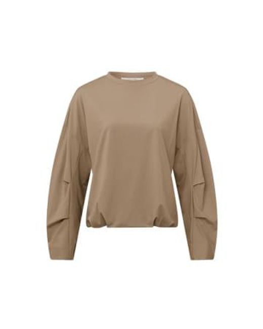 Yaya Natural Top With Crewneck, Long Sleeves & Pleated Details Affogato