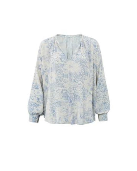 Yaya Blue Blouse With V-neck And Long Balloon Sleeves