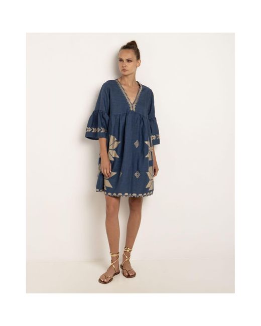 2024 Aeolis Bell Sleeve Short Dress In Navy And Gold di Greek Archaic Kori in Blue