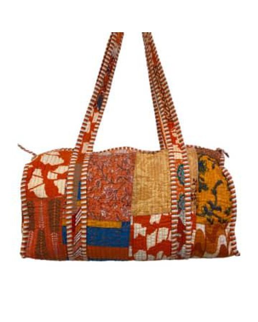 Behotribe  &  Nekewlam Brown Duffle Bag Block Print Tangerine Circles