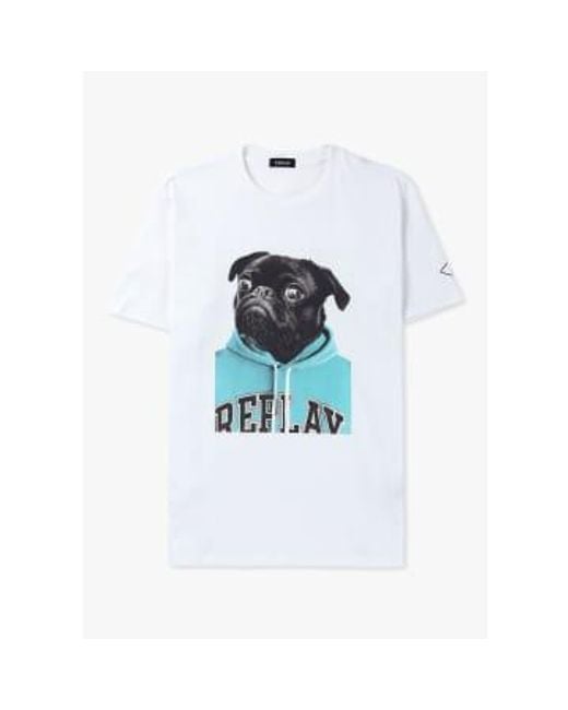 Replay Herrenklassiker mops-print-t-shirt in weiß in White für Herren