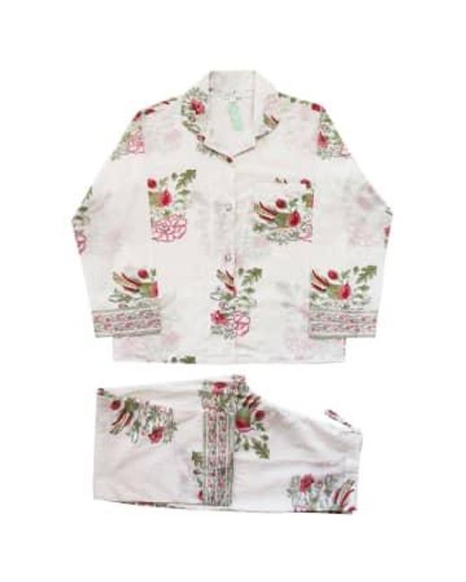 Block Printed Floral Bird Cotton Pyjamas di Powell Craft in White