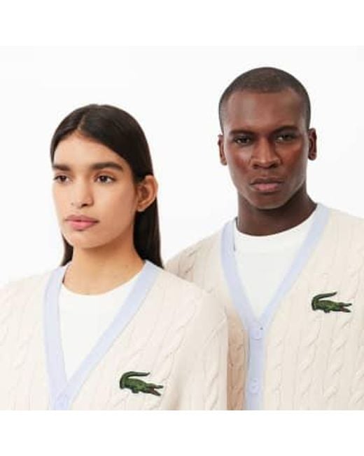 Lacoste White And Light Blue Organic Cotton Cable Knitted Unisex Jacket With V Neck Xxs
