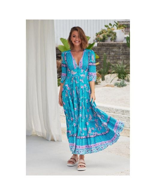 Jaase Blue Starry Turquoise Print Berry Maxi Dress