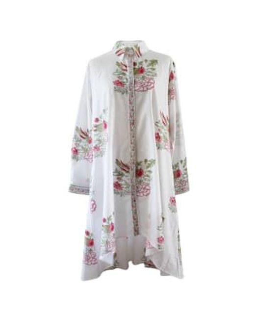 Powell Craft Gray Block Printed Floral Bird Cotton Shirt Dress 'natalia' Cotton