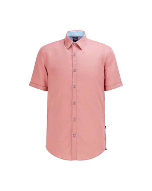 BOSS by HUGO BOSS Open Pink Stretch Linen Short Sleeve Shirt | Lyst UK